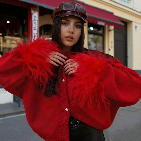 Red Casual Festive Women's fluffy faux fur sleeve cuffs Cardigan Top - Picture 7 of 11